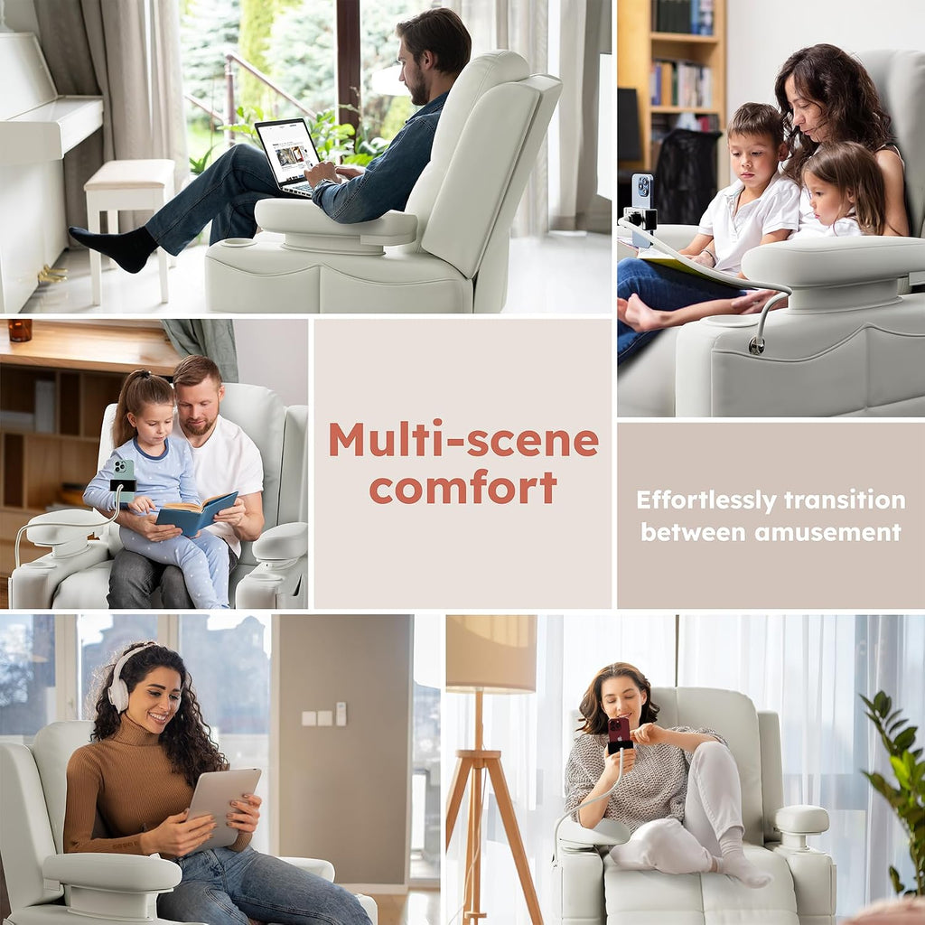 Triple Motor Power Swivel Rocker Recliner Chair with Adjustable Armrests for Adults Elderly, FSC Certified Faux Leather Rocking Chair Nursery for Breastfeeding(White)