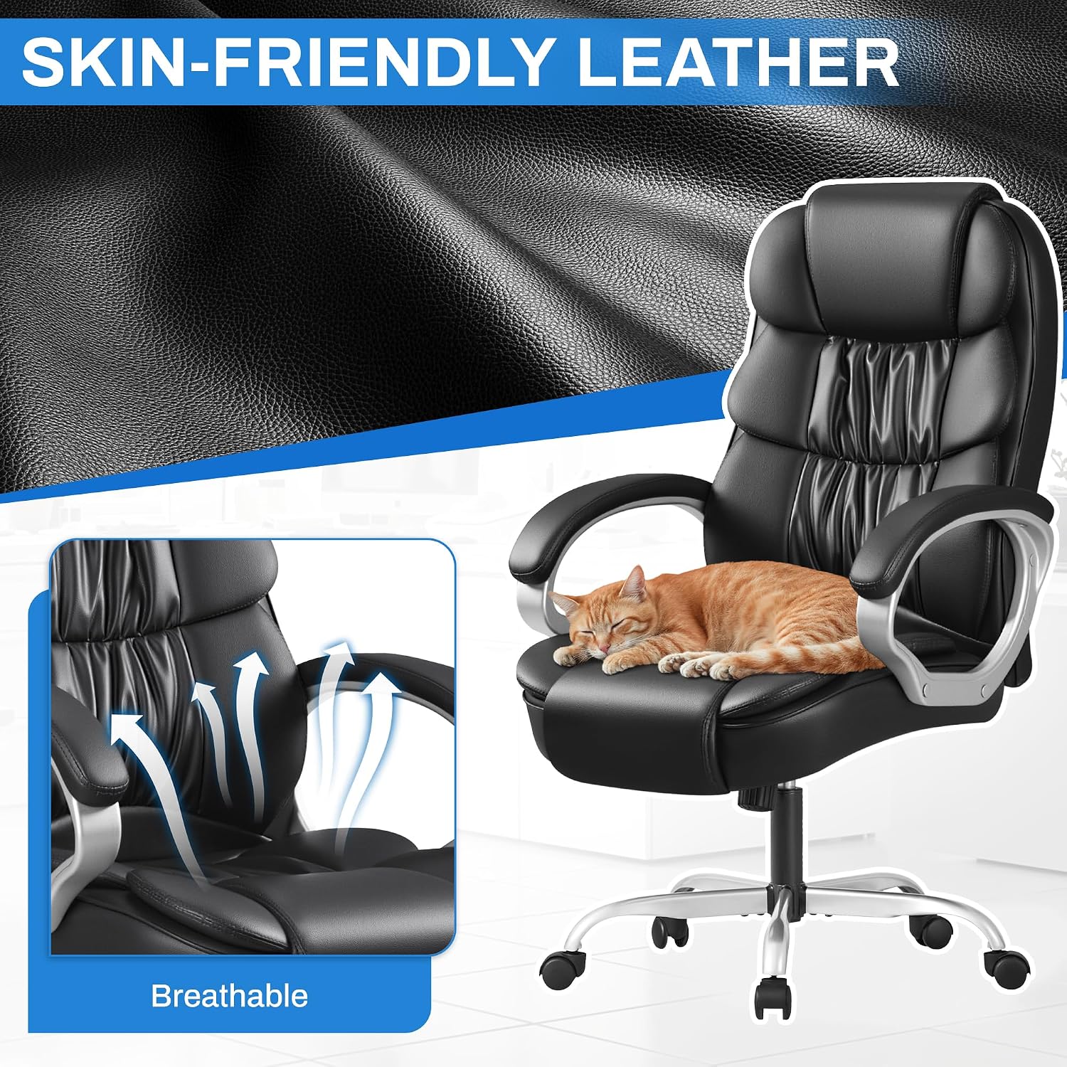 Furmax Leather High Back Office Chair Ergonomic Executive Office Chair Swivel Computer Desk Chair Lumbar Support Soft Cushioned Padded Arms (Black)