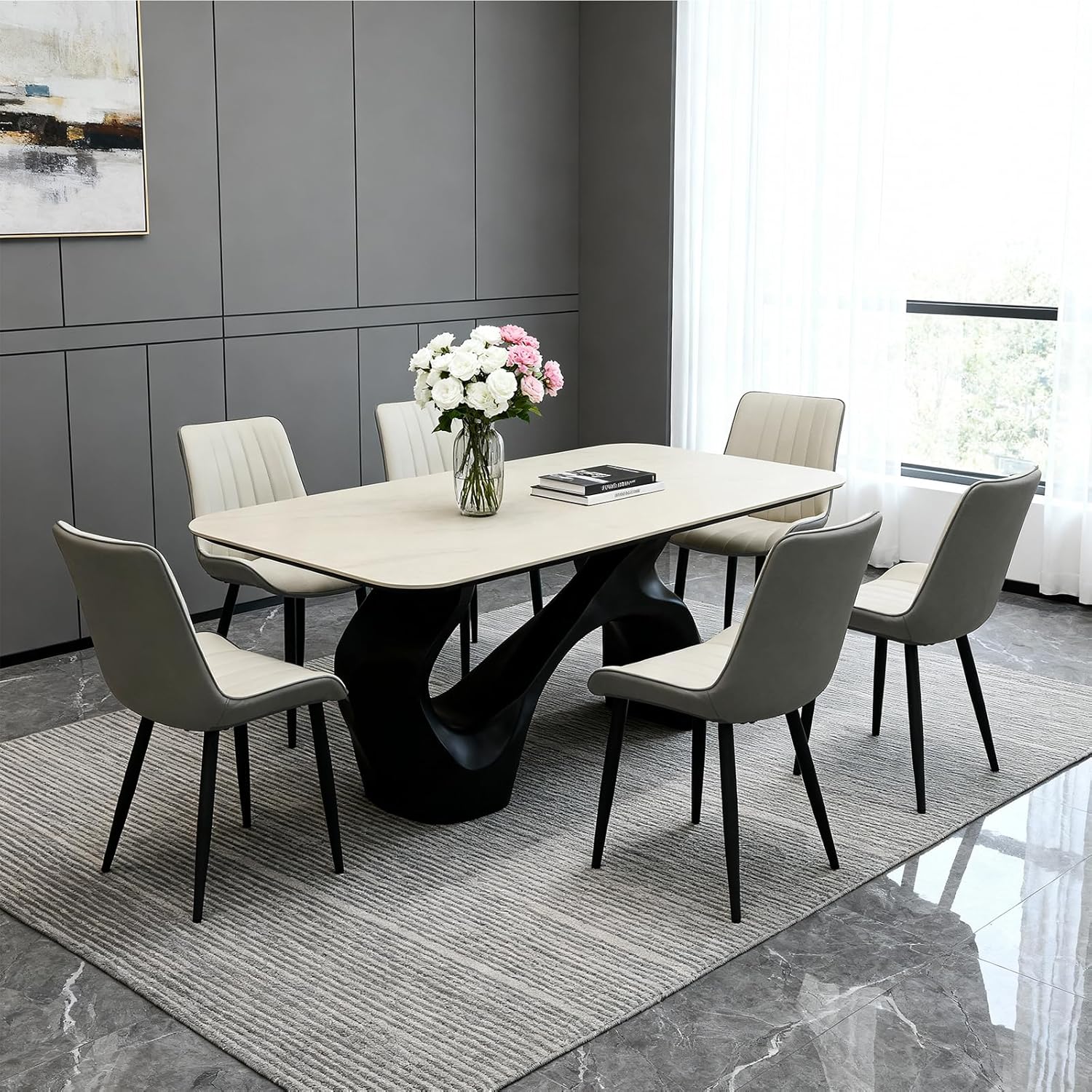 Dining Chairs Set of 6, Leather Modern Kitchen & Dining Room Chairs, Comfortable Upholstered Kitchen Chairs with Metal Legs Armless Side Chairs for Bedroom Restaurant Cafe, Khaki & Dark Grey