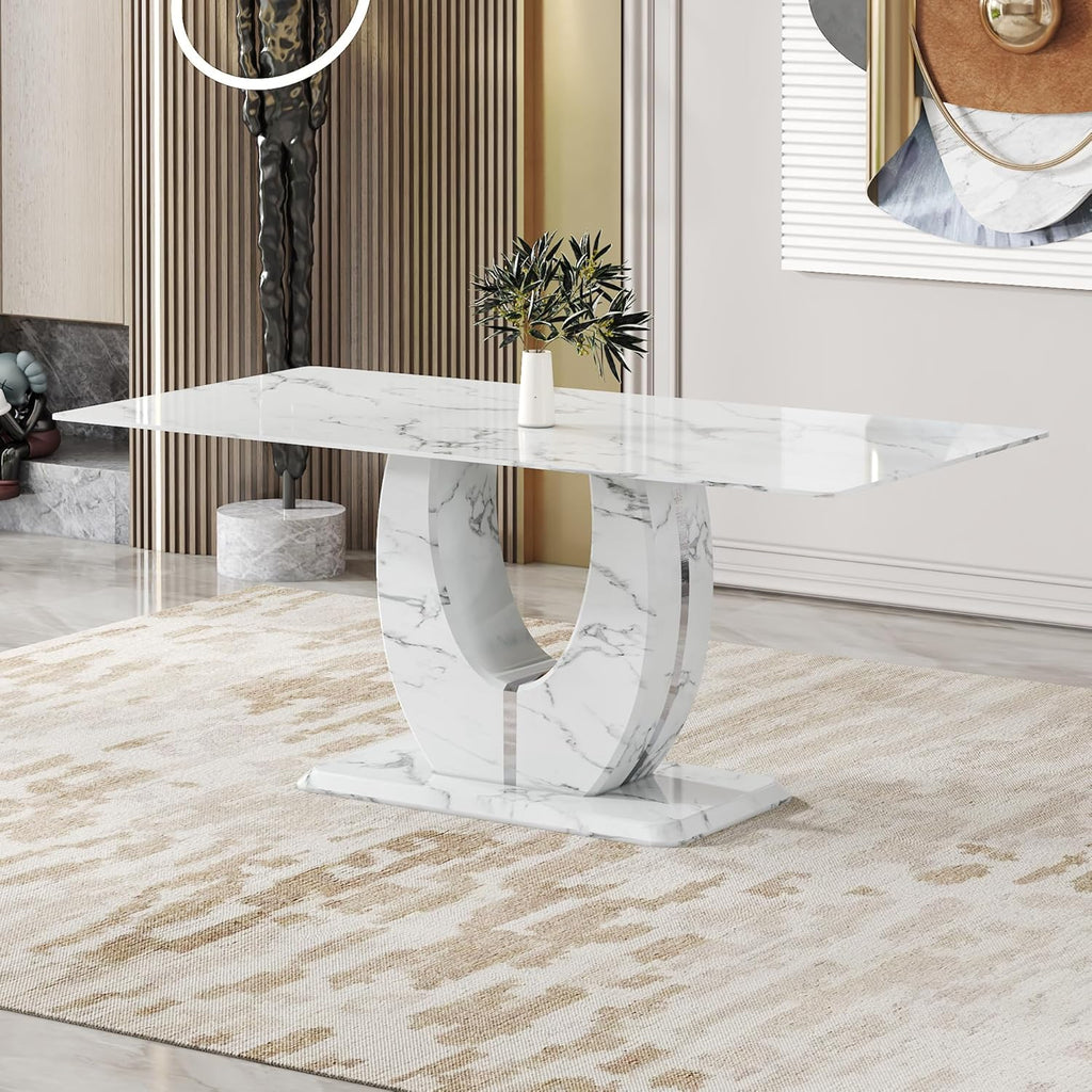 JUFU Modern 71" Faux Marble Dining Table for 6 to 8 People, Large Rectangular Kitchen Table with White Elegant U-Shaped Pedestal Base, Executive Furniture for Dining Room and Office