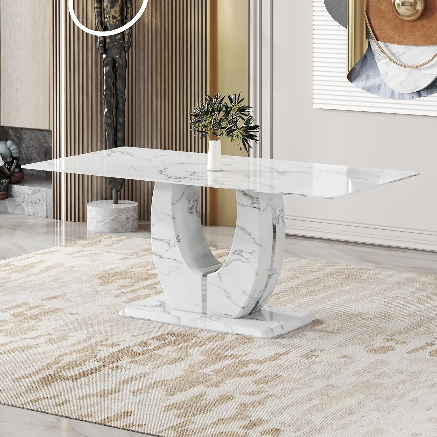 JUFU Modern 71" Faux Marble Dining Table for 6 to 8 People, Large Rectangular Kitchen Table with White Elegant U-Shaped Pedestal Base, Executive Furniture for Dining Room and Office