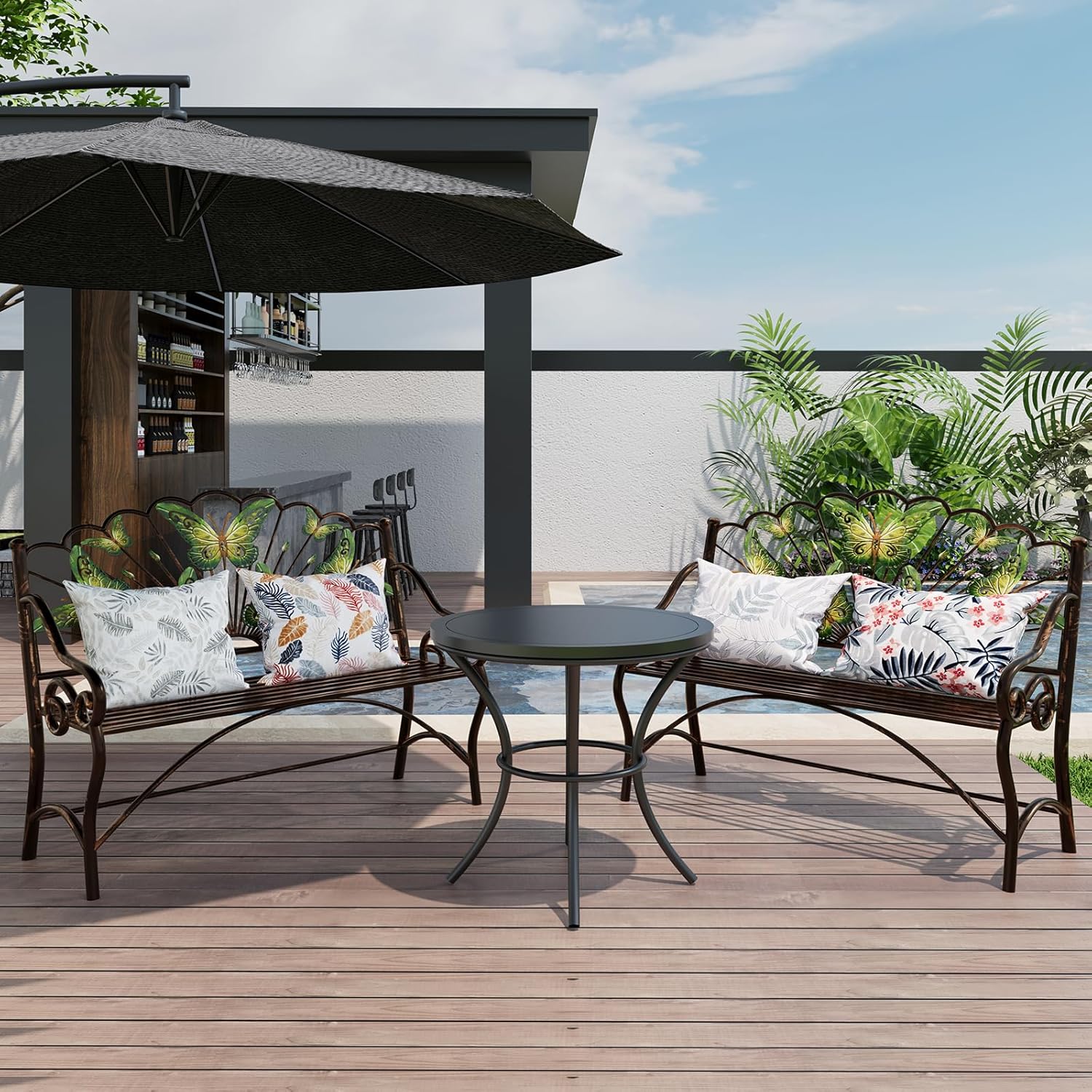 39.7" Arched Back Garden Bench, Metal Outdoor Bench with Scalloped Butterfly Pattern Backrest, Heavy Duty Patio Loveseat with Armrests & Slatted Seat for Front Porch, Backyard, Lawn & Park, Black