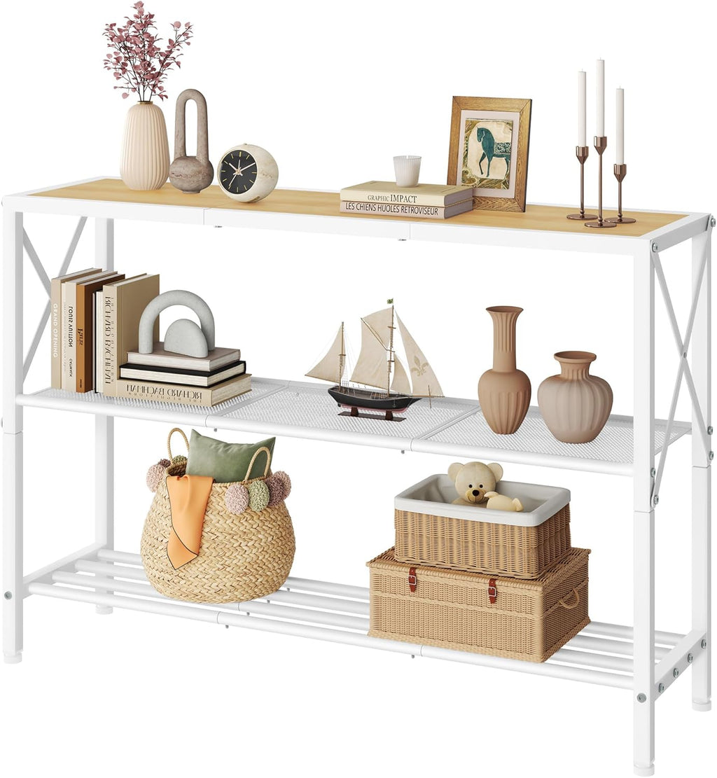 Hoctieon Industrial Console Table, 3 Tier Entryway Tables, Hallway Desk, Narrow Sofa Tables with Shelves, Entrance Table for Entryway, Living Room, Foyer, Hallway, Office, Oak Beige