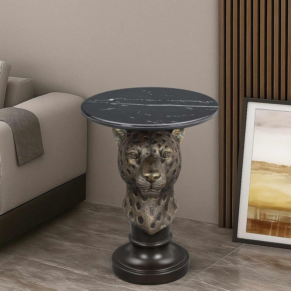 Leopard Head Accent Table with Faux Marble Top, Antique Brown Resin Animal Statue End Table, Decorative Side Table Pedestal for Living Room