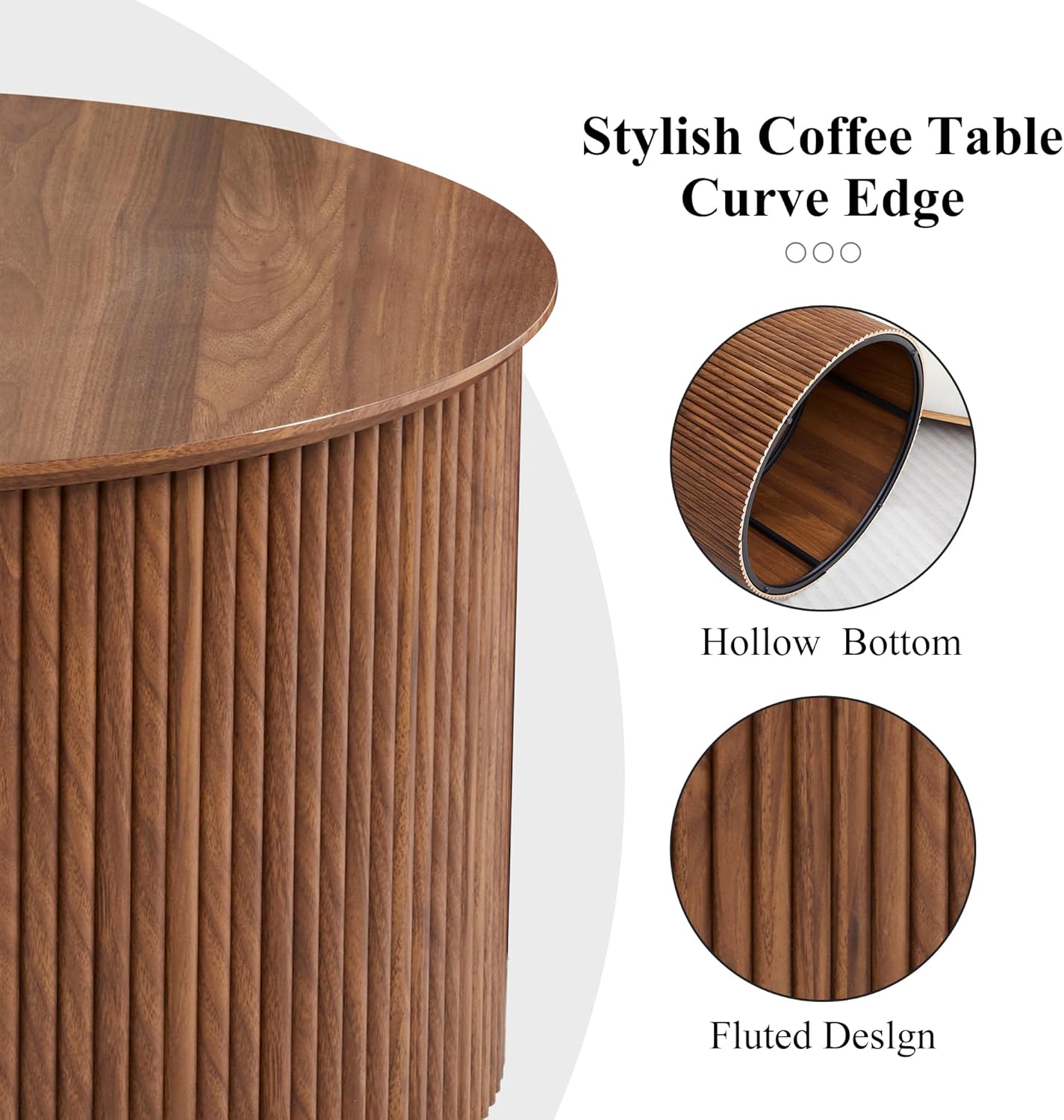 Fluted Round Nesting Coffee Table Set of 2, Mid Century Modern Wood Coffee Tables and End Table Set, Circle Side Table Minimalist Center Tables for Living Room, Office(Walnut)
