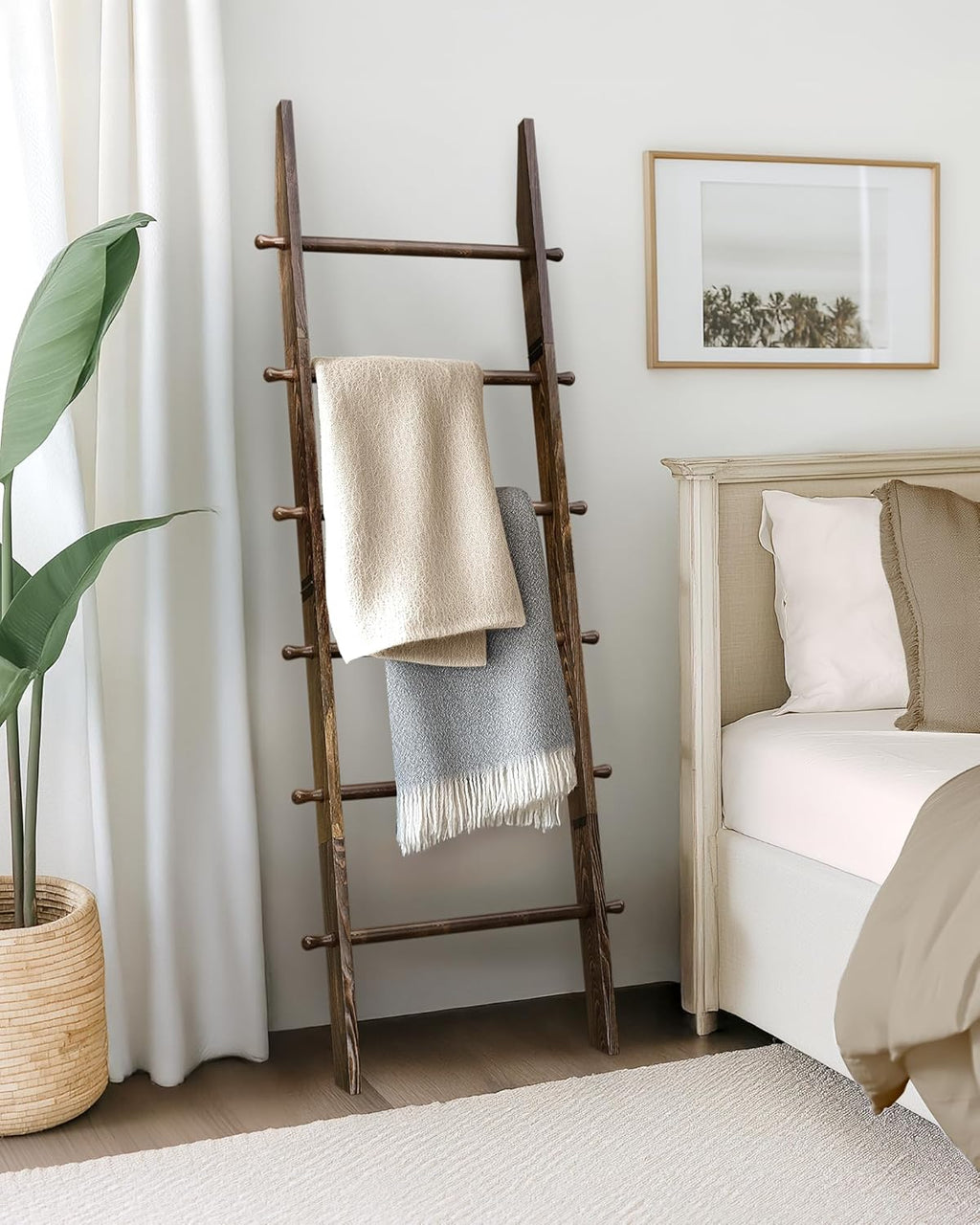 TEAKMAMA 6-Tier Blanket Ladder with Hanging Knobs,5.5 Ft Wall Leaning Blanket Ladders for Living Room Bedroom,Rustic Decorative Storage for Quilts,Throws,Easy to Assemble,Rustic Brown