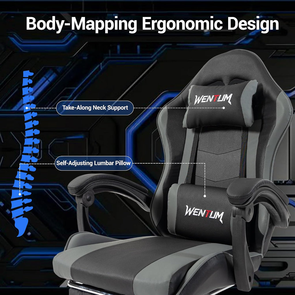 Ergonomic Gaming Chair with Footrest, Grey Black Video Game Chair w/Adjustable Headrest & Lumbar Support for Adults Kids, 360° Swivel for Home Office Bedroom Gaming Room, Grey&Black