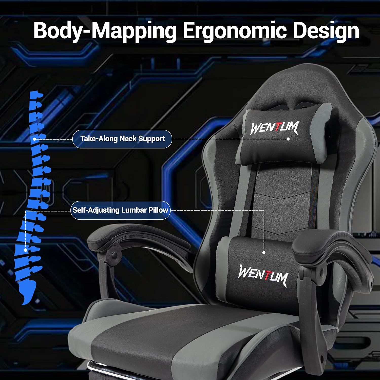 Ergonomic Gaming Chair with Footrest, Grey Black Video Game Chair w/Adjustable Headrest & Lumbar Support for Adults Kids, 360° Swivel for Home Office Bedroom Gaming Room, Grey&Black