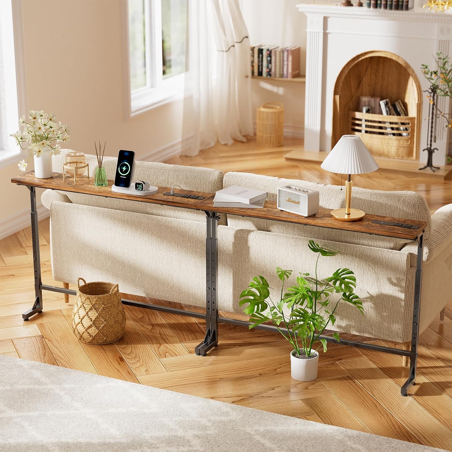Simple Trending 78.75 Inch Narrow Console Table with 2 Charging Station, Behind Couch Table Set of 2, Sofa Table Adjustable Height, Long Entryway Tables for Living Room, Rustic Brown
