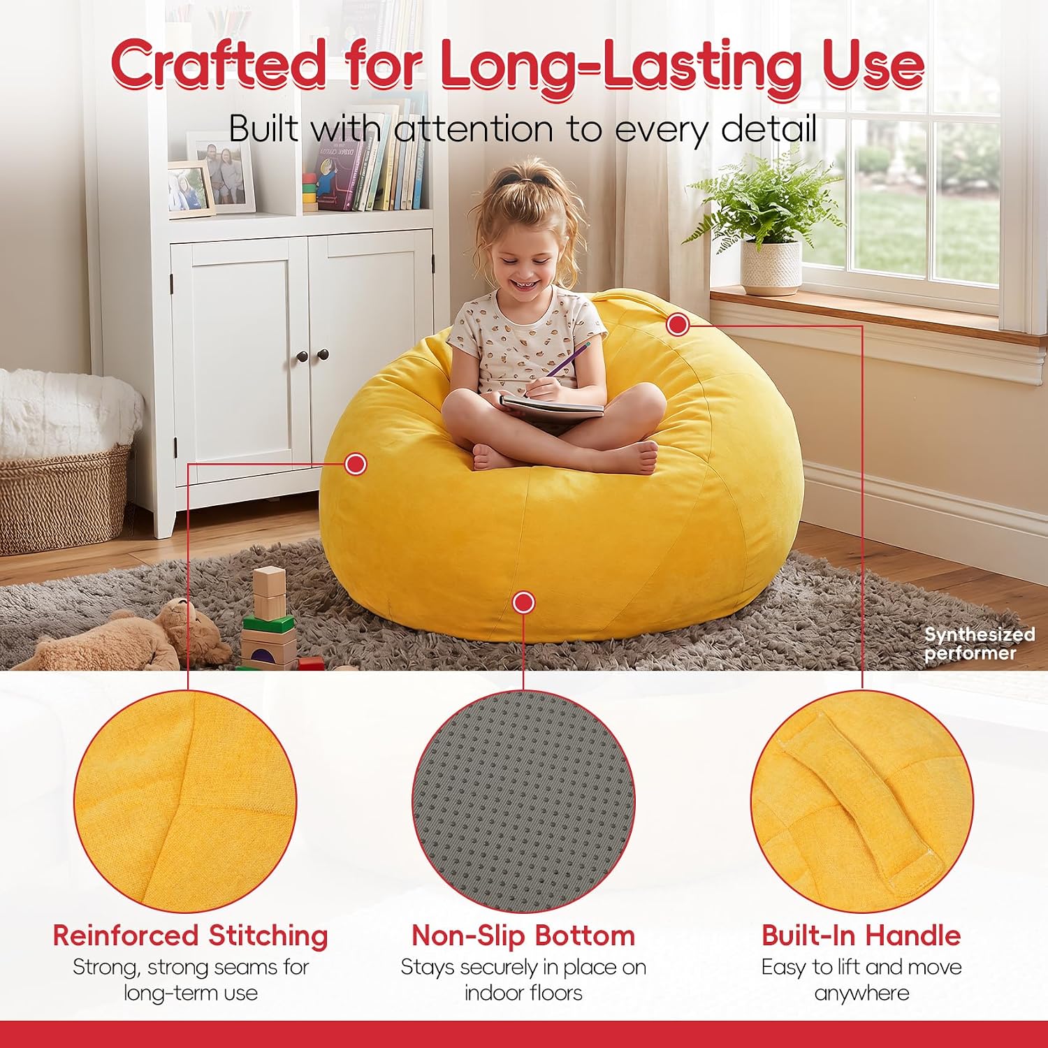 2.5FT Bean Bag Chair for Teens & Youth, Beanbag Chair with High-Density Foam Filling, Soft Chenille Boneless Reading Chair, Cozy Bean Bag for Bedroom, Reading & Dorm(Yellow, 31.5" W x 31.5" D x 20" H)