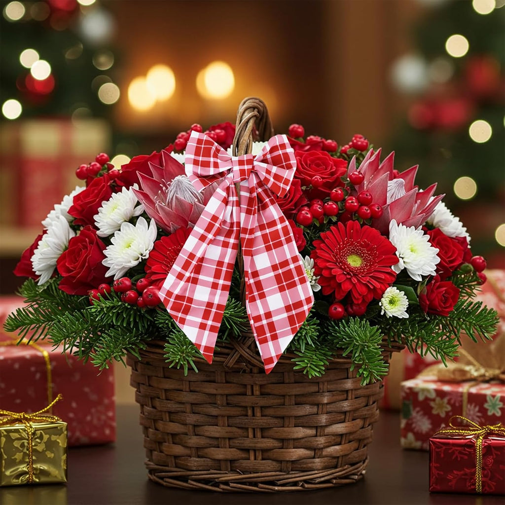 TONIFUL Wreath Sash for Front Door 4.5" x 56" Red Check Plaid Wreath Sash for Embroidery Garland Doorway Indoor Outdoor Wall Yard Ribbon Bow Christmas Party Home Decor