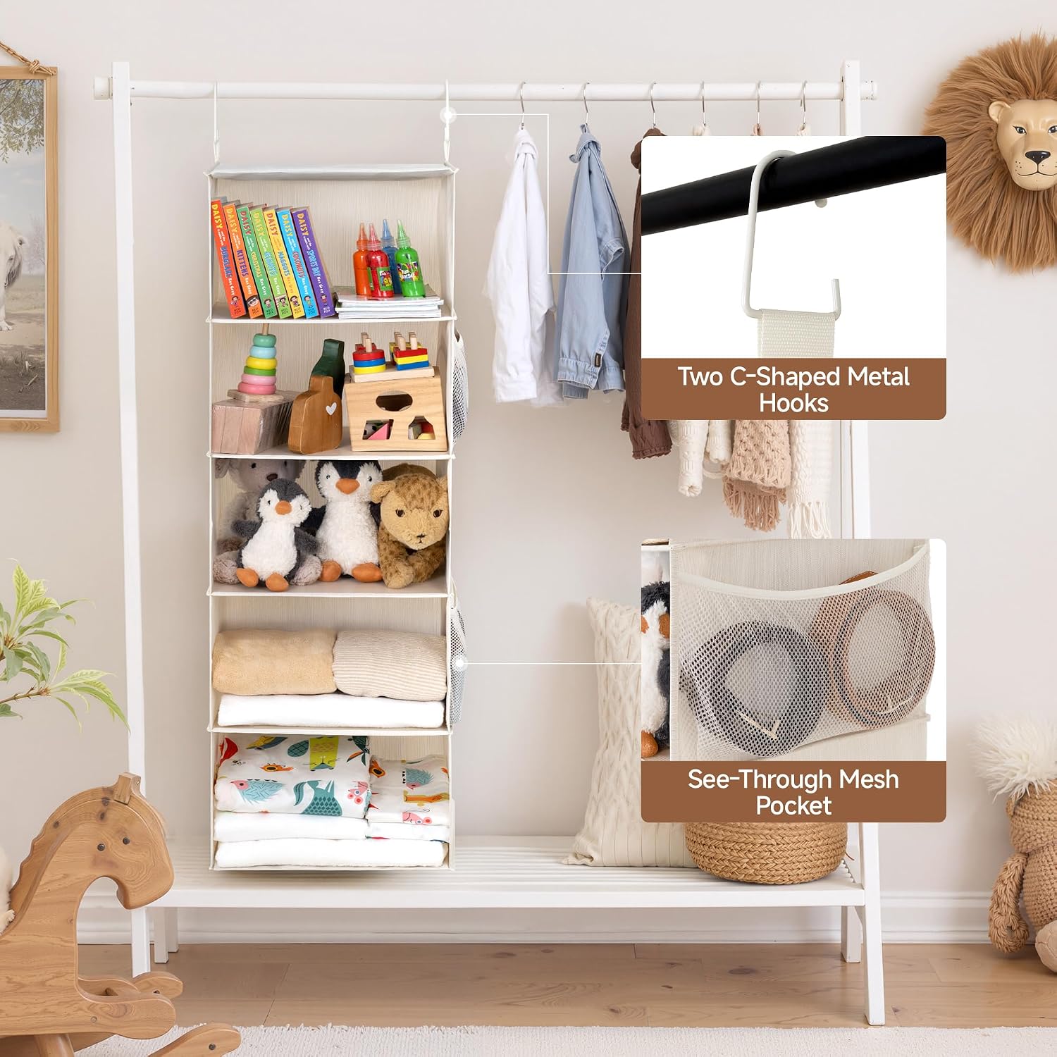 StorageWorks Hanging Closet Organizer, 5-Shelf Hanging Shelves with 2 Hooks, Foldable Space-Saving Design, Closet Organizers and Storage for Bedroom, Dorm, Locker, White & Ivory