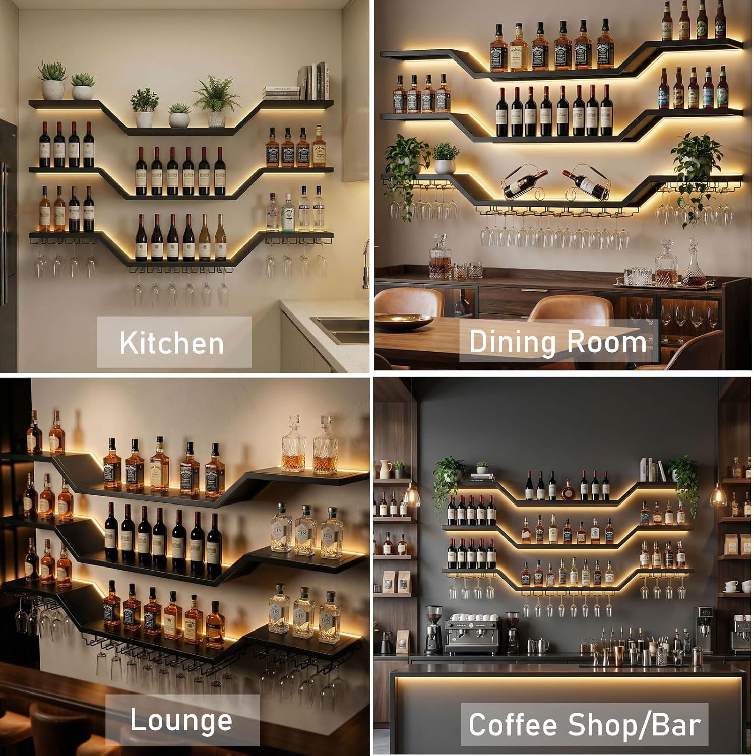 47.2-inch/120cm Metal Wall Mount Wine Rack, 3-tiers Modern Wall Bar Shelf with Wine Glass Rack, Floating Liquor Shelf with LED Lights, Bottle Display Wine Storage Shelves for Home Bar Coffee Shop