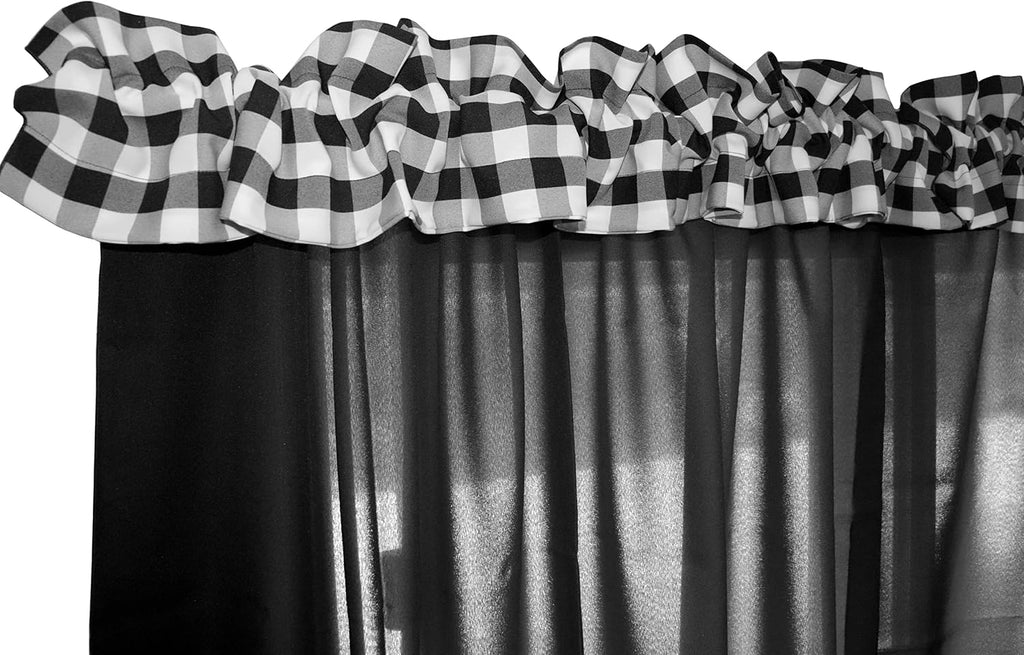 Zen Creative Designs Gingham Checkered Poplin Sleeve Topper Window Valance Top Bottom Ruffle Home Décor Bedroom Nursery Kitchen Window (144" Wide x 9" Tall, Black)