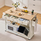 ONBRILL 56" Kitchen Island with Drop Leaf, Rolling Kitchen Cart with Trash Cabinet, Power Outlet, 2-Tier Open Shelves, 3 Drawers, Spice & Paper Towel Racks, 6 Wheels (4 Locking) for Dining Room, White