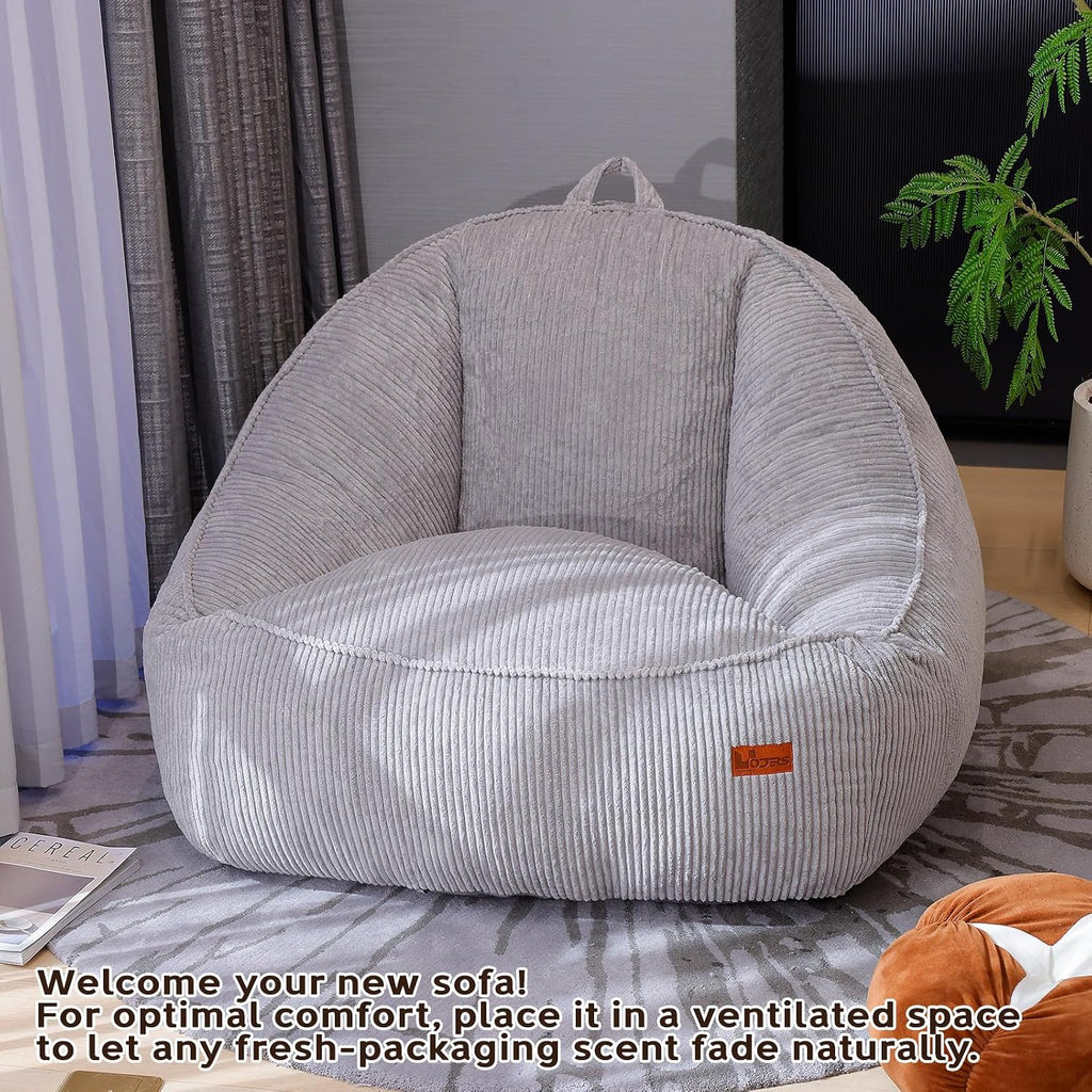 Giant Bean Bag Chair for Adults Teens and Kids, Cozy Fluffy Corduroy Beanbag Chair with Filler Large Floor Lounge Sofa for Living Room, Bedroom (L-Light Grey)