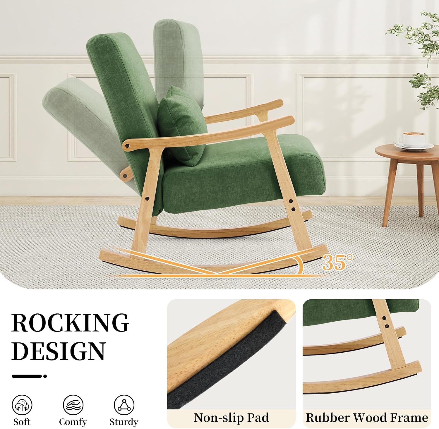 SAETSFEG Rocking Chair for Nursery with Lumbar Pillow, Upholstered Accent Chair with Solid Rubberwood Frame, Living Room & Bedroom, Cozy Reading Chair for Small Spaces, Green