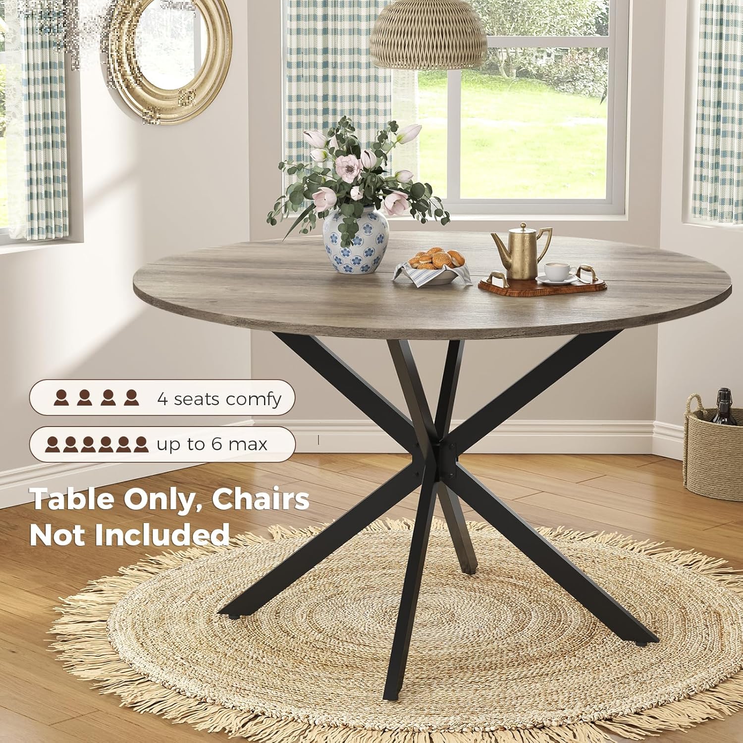 Unovivy 47 Inch Round Dining Table for 4, Space Saving Circle Dining Table with Pedestal Metal Frame, Farmhouse Wood Round Kitchen Table for Living & Dining Room, Light Ivory