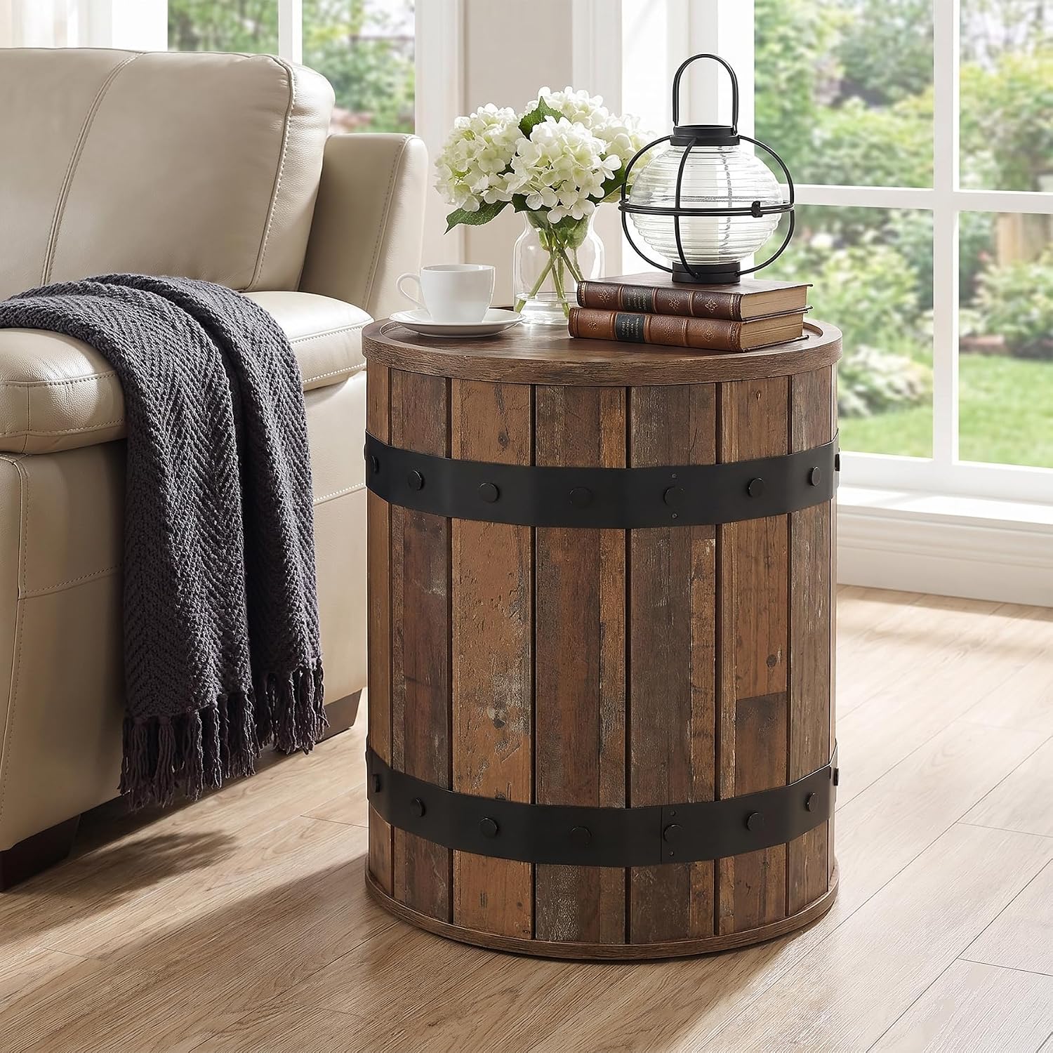 Tribesigns Round End Table with Hidden Storage, 19.68" Barrel Side Table, Farmhouse Wood End Table with Removable Lid, Sofa Side Bedside Nightstand for Living Room, Rustic Brown