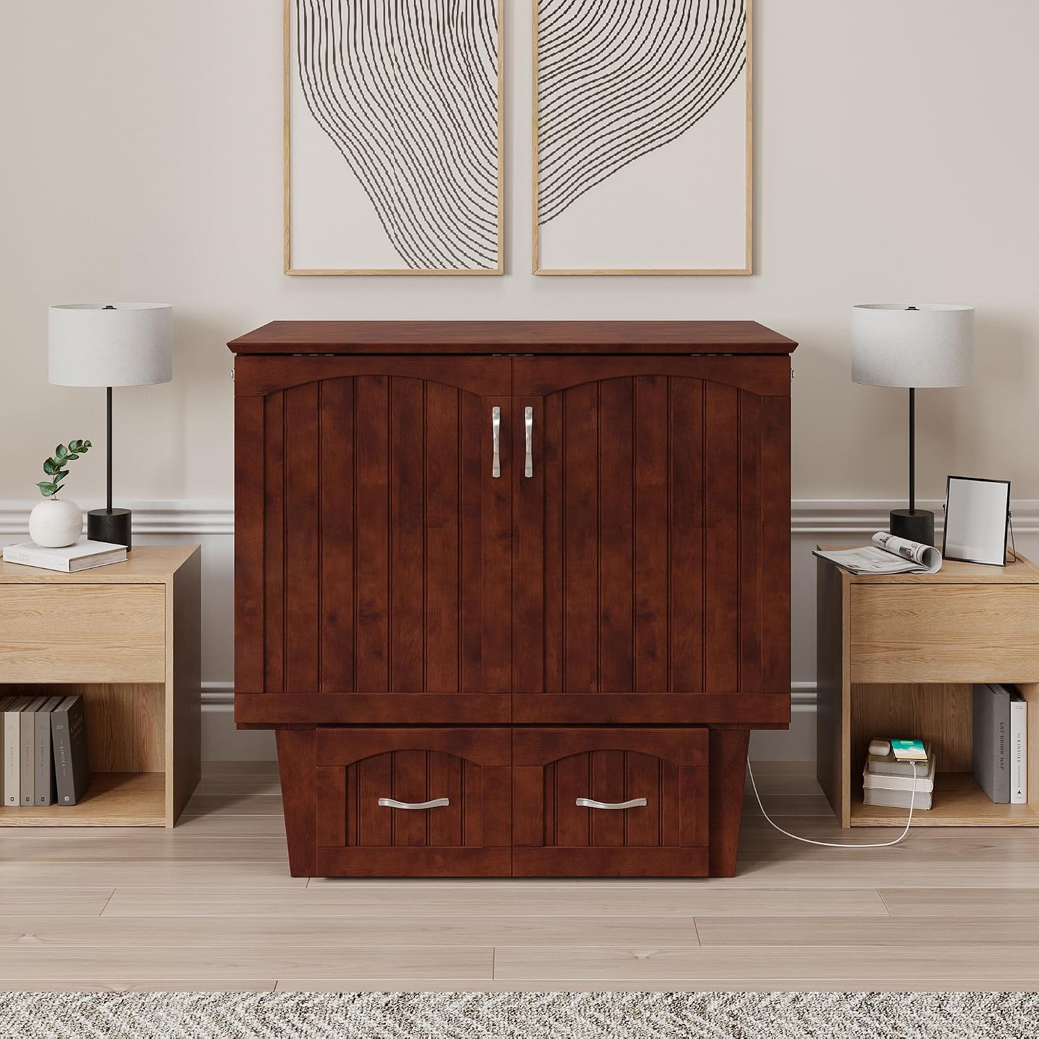 AFI, Sydney Twin Wood Murphy Bed Chest with 6" Mattress, Storage Drawer & Built-in USB Charger, Walnut