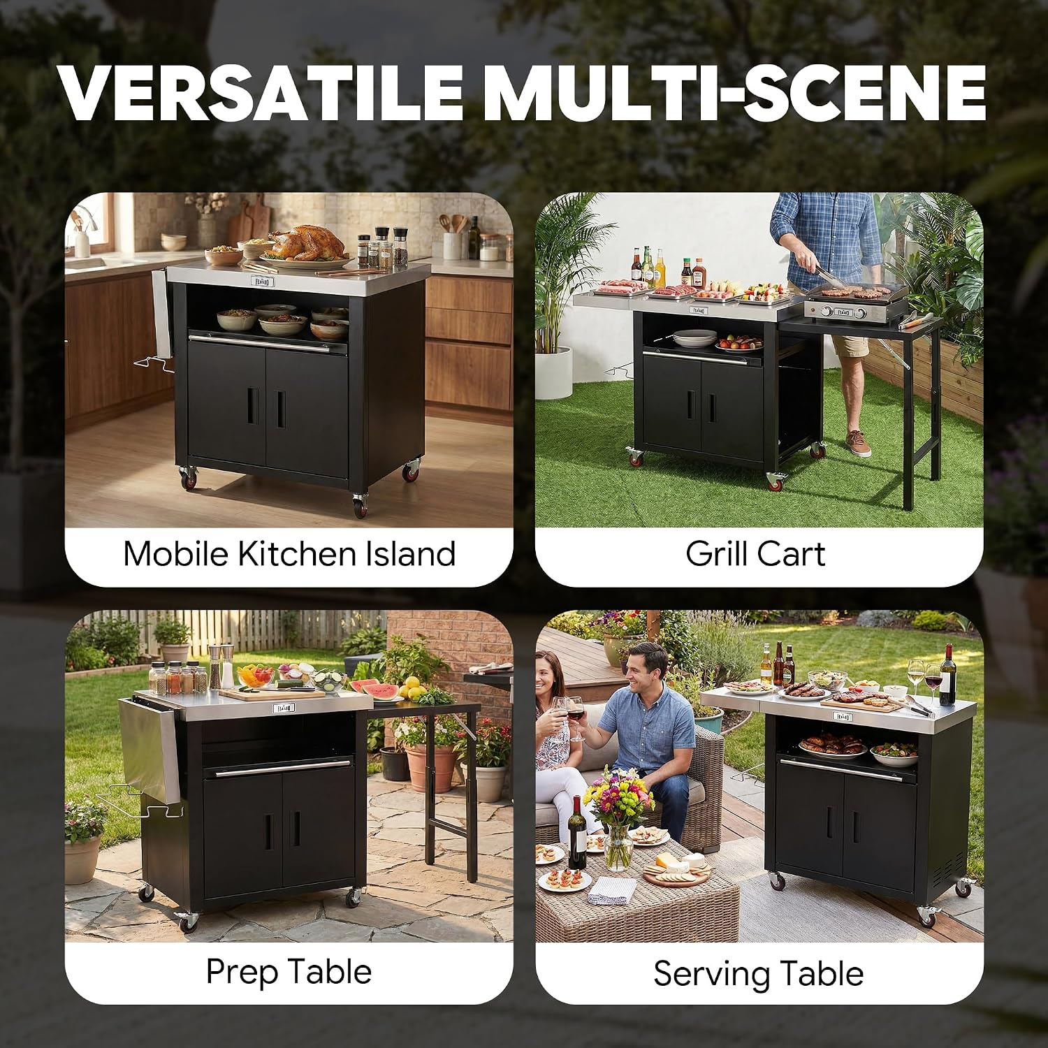 Feasto Outdoor Kitchen Island with Cabinet, 74” x 26” Rolling Grill Table | Grill Table with Stainless Steel Top for Pizza Oven& Griddles, Movable Bar Cart with Pull-Out Plate for Parties & Gathering
