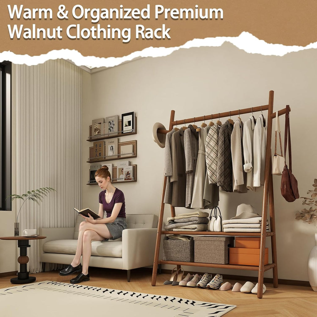 Solid Wood Clothes Rack with 2 Shelves & Hooks, Freestanding Garment Rack & Coat Rack Load 350 Lbs for Hanging Clothes & Organizer, Simple and Practical for Entryway Bedroom 31.5W WALNUT