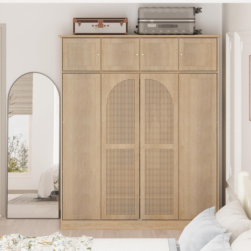 4 Doors Large Armoire Wardrobe Closet with Rattan Doors, 70.87" Tall Freestanding Wooden Closet Wardrobe Cabinet with Hanging Rod and Adjustable Shelves, Clothing Storage Cabinet for Bedroom, Natural