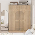 4 Doors Large Armoire Wardrobe Closet with Rattan Doors, 70.87" Tall Freestanding Wooden Closet Wardrobe Cabinet with Hanging Rod and Adjustable Shelves, Clothing Storage Cabinet for Bedroom, Natural