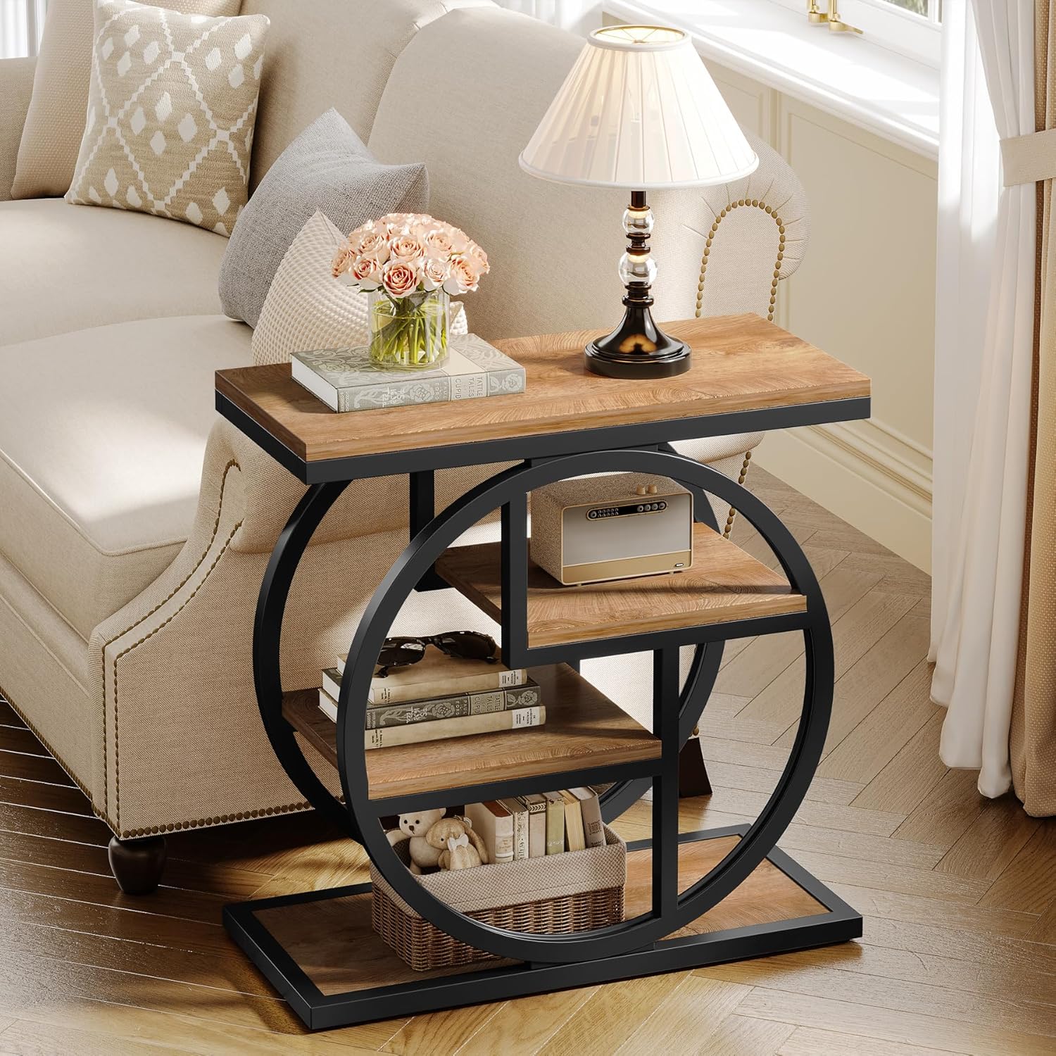 Tribesigns End Table for Living Room, 4-Tier Narrow Side Table with Storage Shelves, Industrial Bedside Table for Bedroom, Wood Small Sofa Side Table with Geometric Metal Frame (1 PC, Natural Brown)
