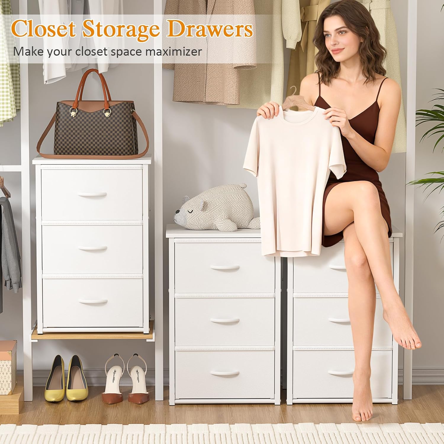DAOUTIME Stackable Storage Drawers, 3 Drawers for Closet Clothes, White Closet Organizer with Wooden Top & Metal Frame, Freestanding or Stackable Dresser for Bedroom, Living Room