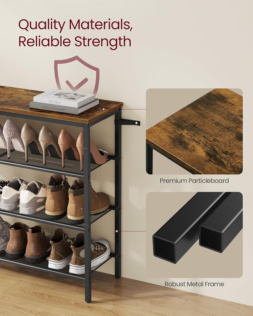 VASAGLE 5-Tier Shoe Rack, Large Shoe Storage Organizer for Closet, Entryway, 18-24 Pairs, with 4 Metal Mesh Shelves, 10.8 x 29.5 x 36.6 Inches, Rustic Brown and Black ULBS115KD01
