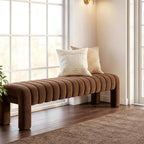 63" Bedroom Bench, Upholstered Entryway Bench, Modern End of Bed Ottoman with Solid Wood Legs and Adjustable Foot Pegs for Entryway, Dining Room and Living Room (Rust Brown Boucle)