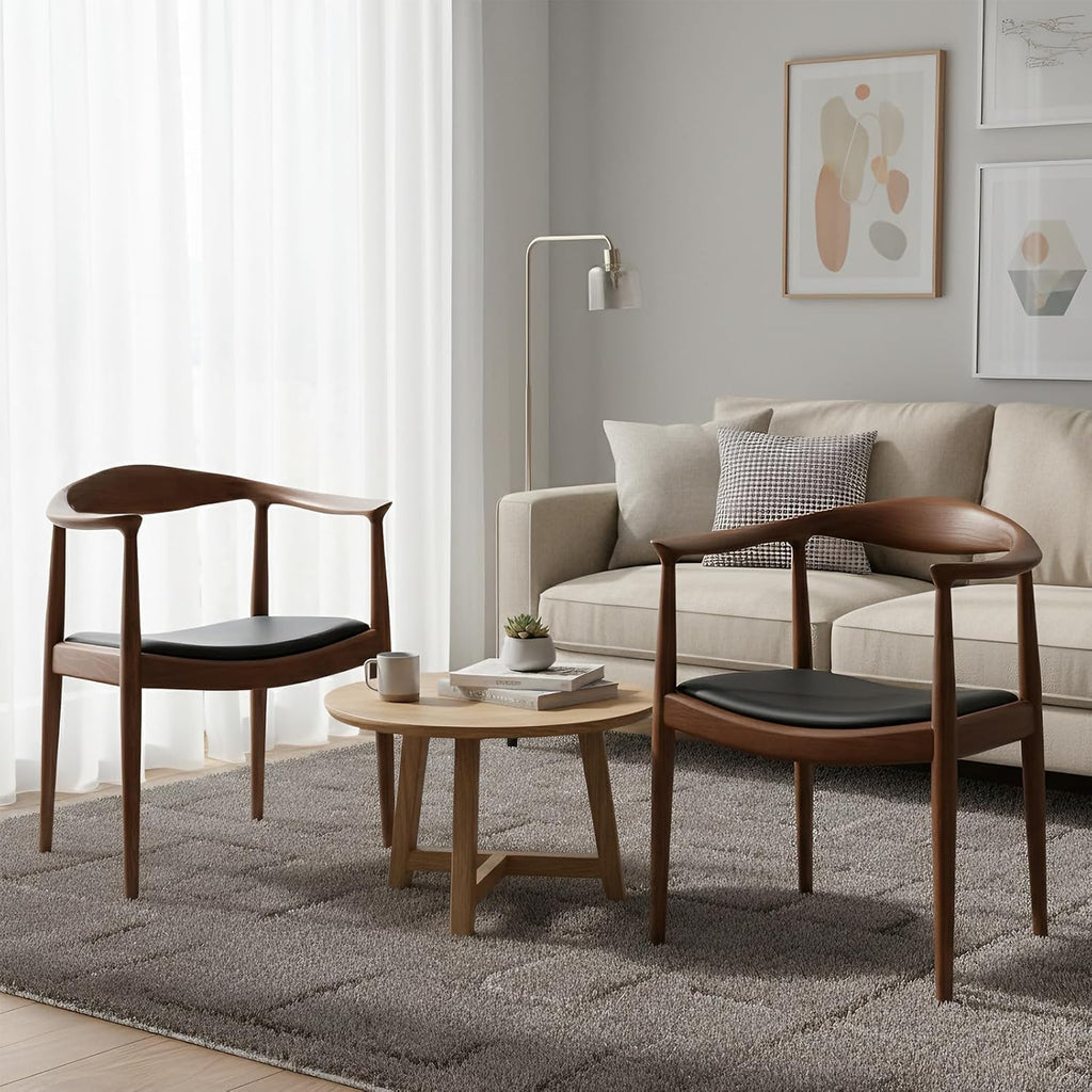 Kennedy Armchair Set of 2, Mid Century Modern Dining Chair, PU Upholstered Kennedy Chair, Ash Wood Armchair for Living Room, Dining Room, Office, Kitchen, Fully Assembled (Walnut)