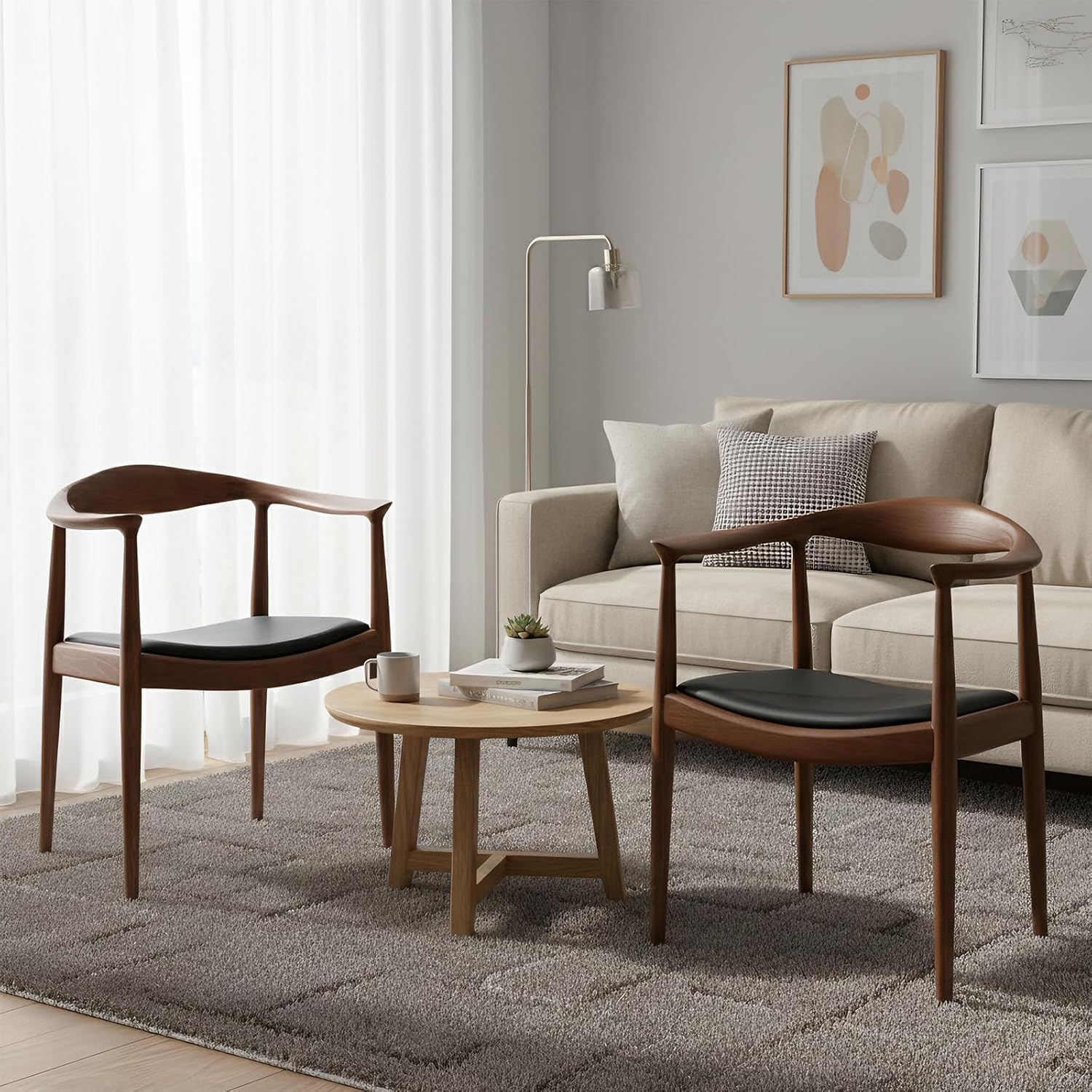 Kennedy Armchair Set of 2, Mid Century Modern Dining Chair, PU Upholstered Kennedy Chair, Ash Wood Armchair for Living Room, Dining Room, Office, Kitchen, Fully Assembled (Walnut)