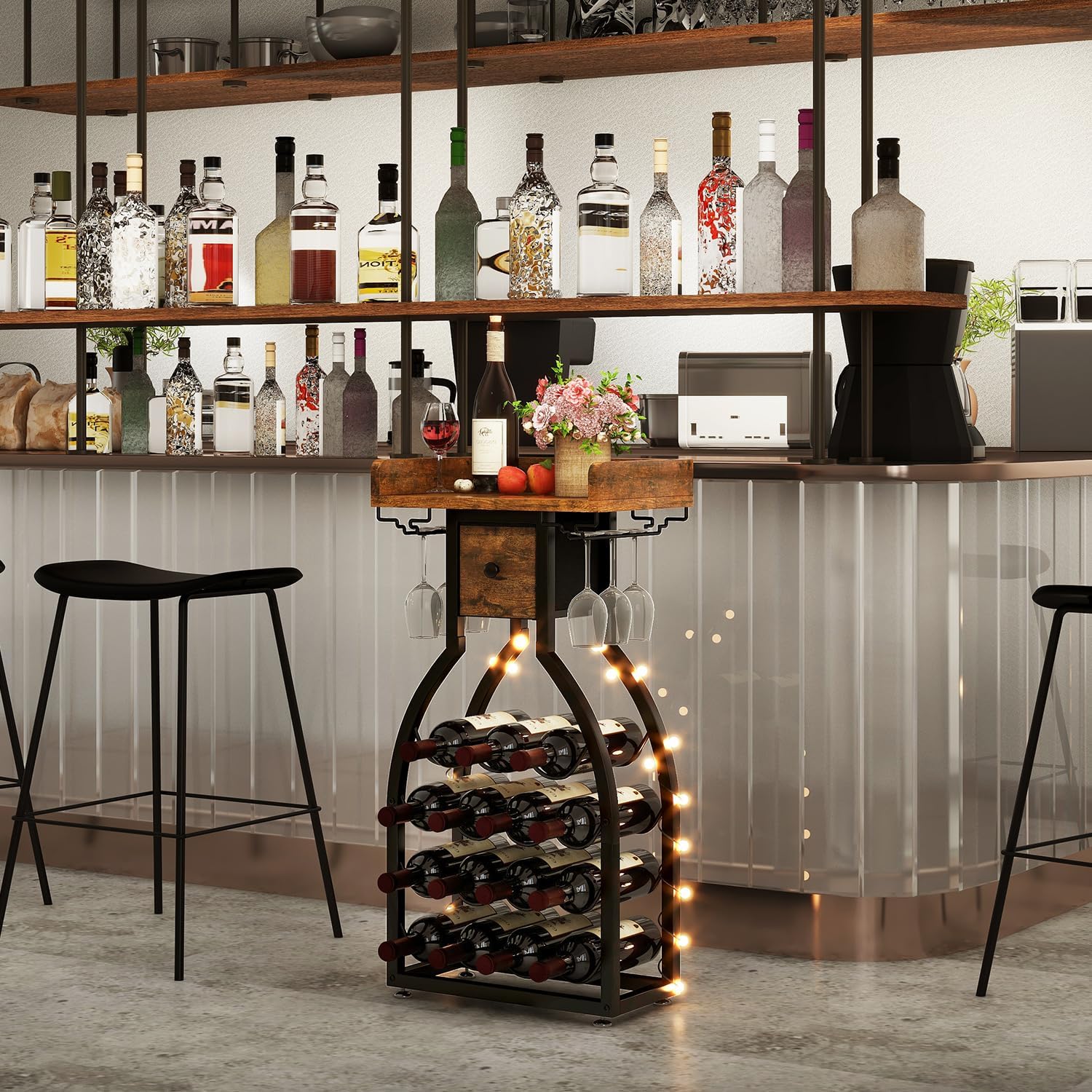 IBUYKE Wine Rack Freestanding Floor,Wine Storage 15 Bottles Bottle Rack with Glass Holders, Mini Bar Wine Cabinet with Storage Drawer for Home Bar Kitchen Dining Room,Rustic Brown,UTMJ908H