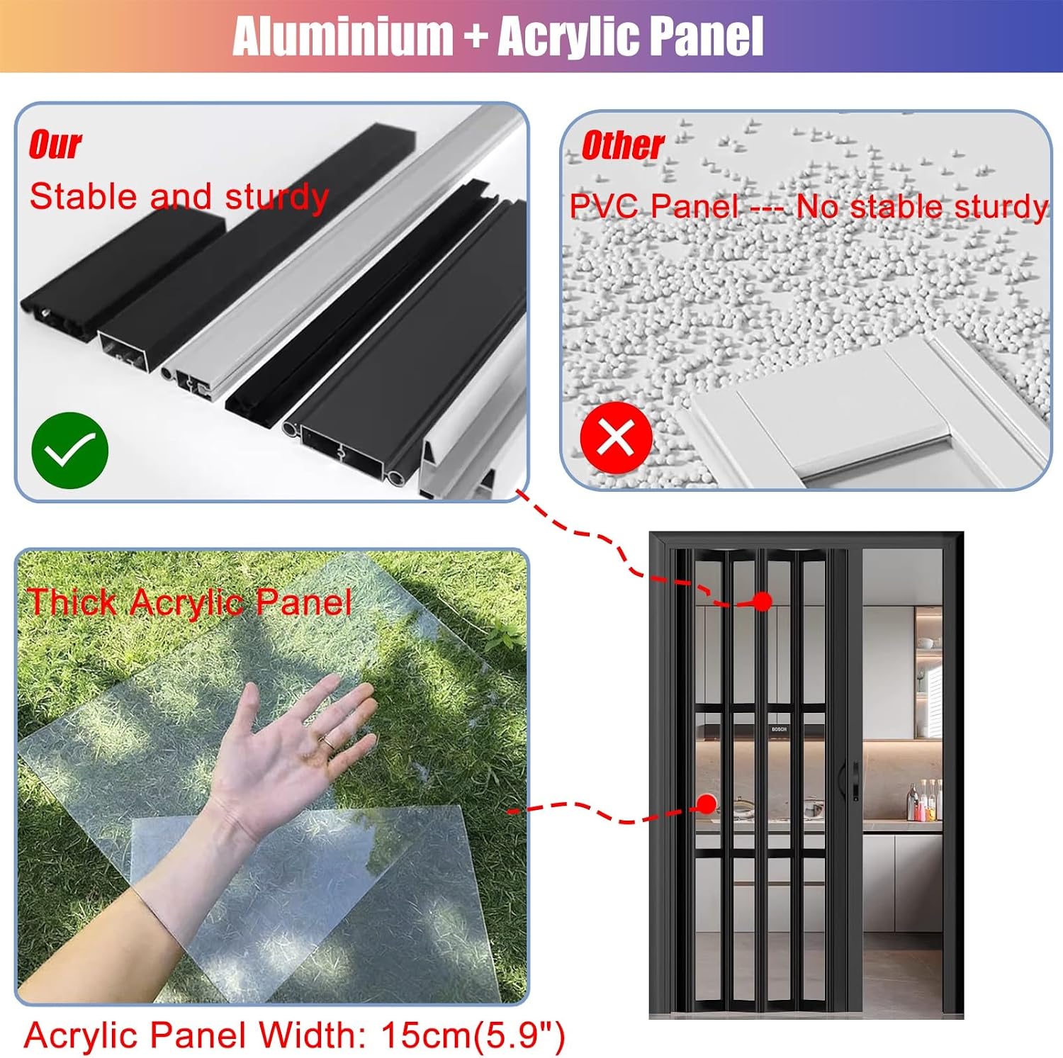 Acrylic Glass Sliding Folding Door with Aluminum Frame, Indoor Retractable Room Divider, Custom Size Privacy Panel Screen Partition, 80-86 Inches High
