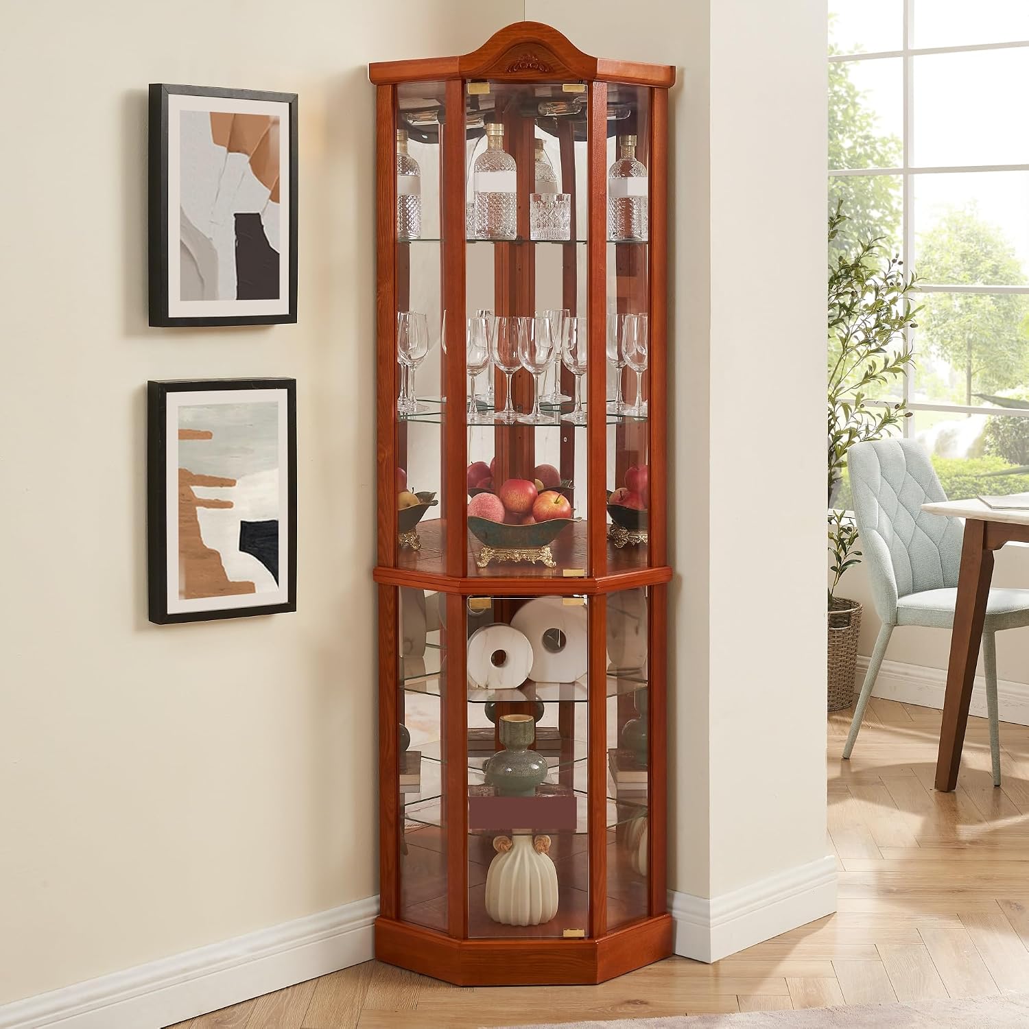 Classical Glass Cabinet Lighted, Wine Cabinet with Adjustable Glass Shelves, for Living Room Corridor,for Kitchen Home