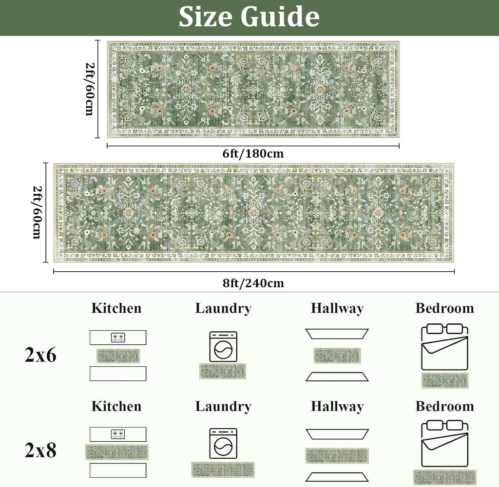Yamaziot Washable Runner Rug 2x8 – Non Slip Boho Floral Hallway Runner Rug with Rubber Backing, Low Pile Wool Distressed Carpet for Kitchen, Laundry, Bedroom, Entrance, Mottled Green