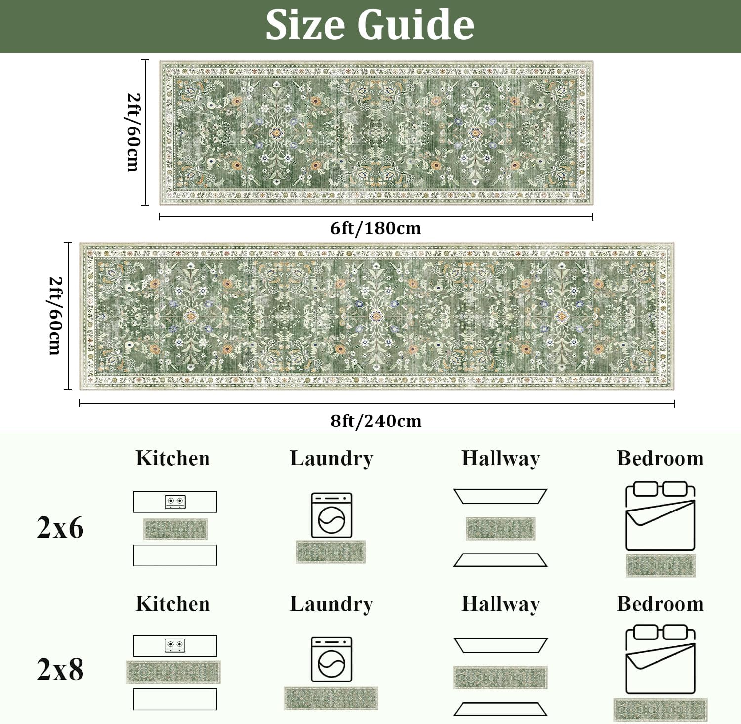 Yamaziot Washable Runner Rug 2x8 – Non Slip Boho Floral Hallway Runner Rug with Rubber Backing, Low Pile Wool Distressed Carpet for Kitchen, Laundry, Bedroom, Entrance, Mottled Green