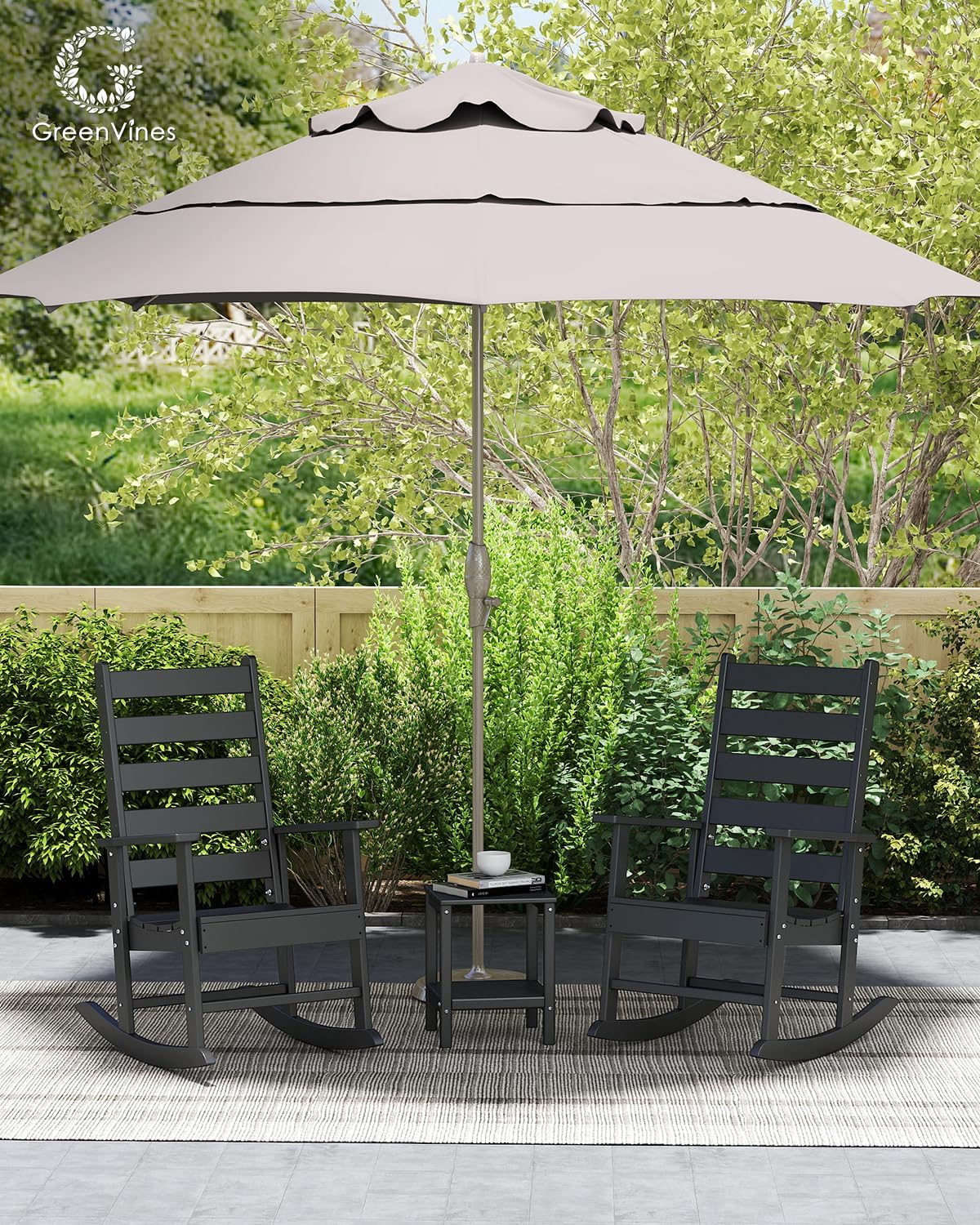 GREENVINES Outdoor-Rocking-Chairs-Set-of-2 | HDPE Plastic | Patio Rockers | Porch Rocker Chair | Shaker | Oversized | High Ladder Back | Big & Tall | PentaLuxe | Black