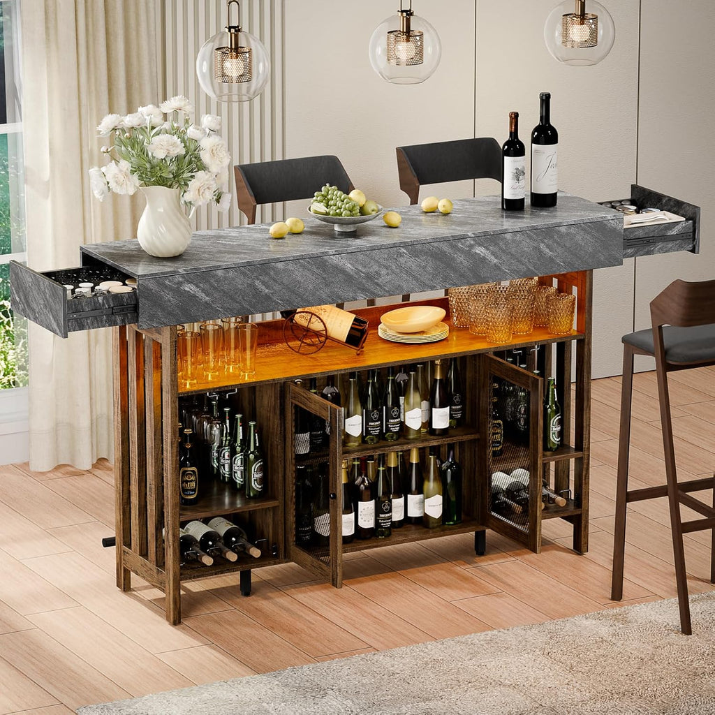Loomie Bar Table Cabinet with Grey Marble Top & LED Lights & 2 Drawers, Home Bar Unit with Adjustable Shelf & Footrest, 41.3" Counter Height Pub Table, Wine Liquor Bar for Home Pub (Rustic Brown)