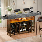 Loomie Bar Table Cabinet with Grey Marble Top & LED Lights & 2 Drawers, Home Bar Unit with Adjustable Shelf & Footrest, 41.3" Counter Height Pub Table, Wine Liquor Bar for Home Pub (Rustic Brown)
