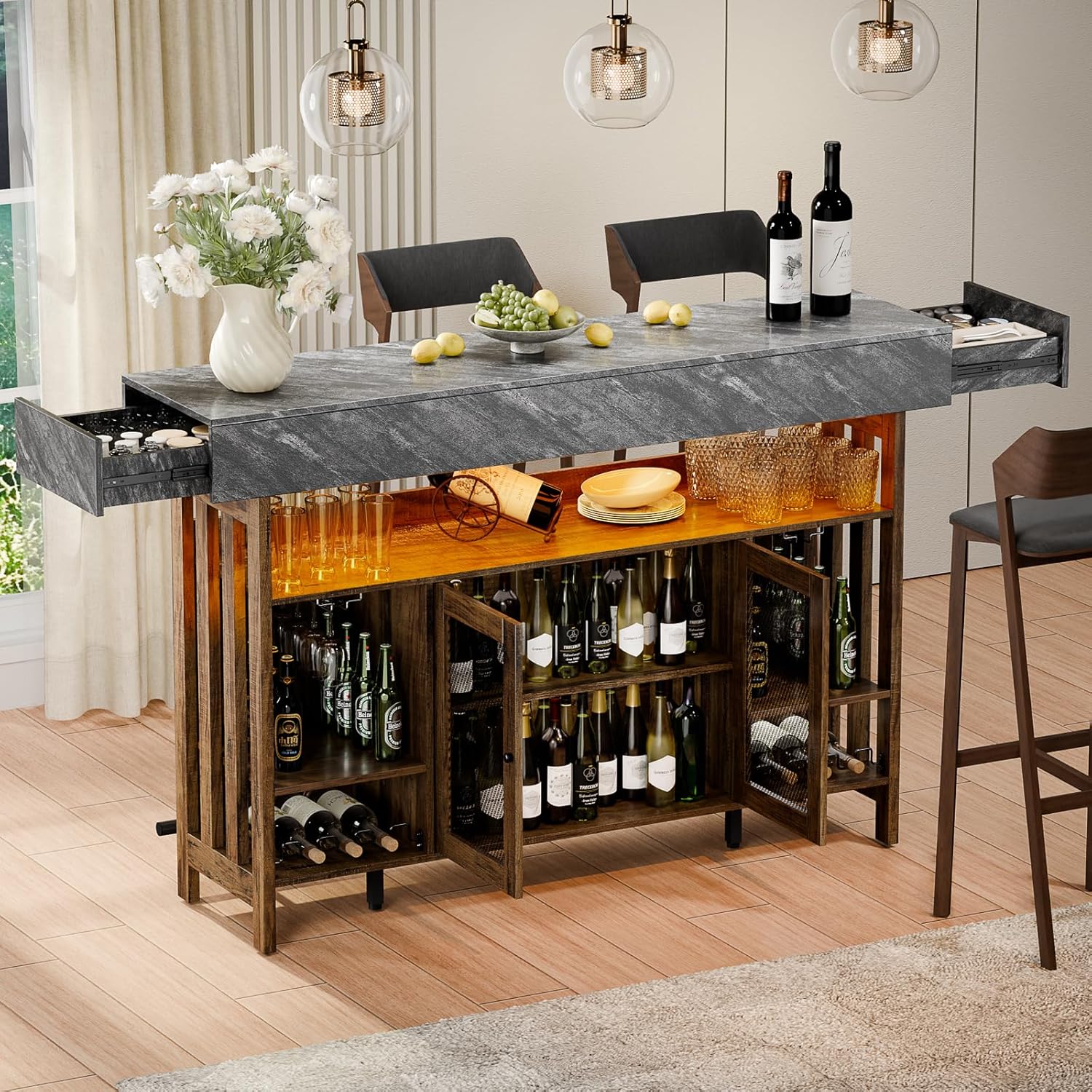 Loomie Bar Table Cabinet with Grey Marble Top & LED Lights & 2 Drawers, Home Bar Unit with Adjustable Shelf & Footrest, 41.3" Counter Height Pub Table, Wine Liquor Bar for Home Pub (Rustic Brown)
