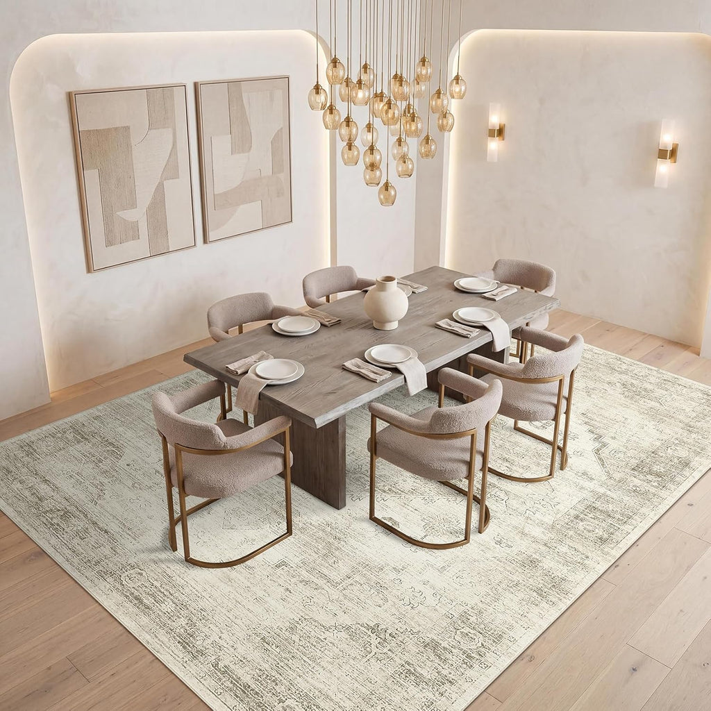 Garvee Beige 8x10 Area Rugs for Living Room, Boho Vintage Non-Slip Washable Rug Low Pile Stain Resistant Soft Foldable Large Carpet for Bedroom Dining Home Decor