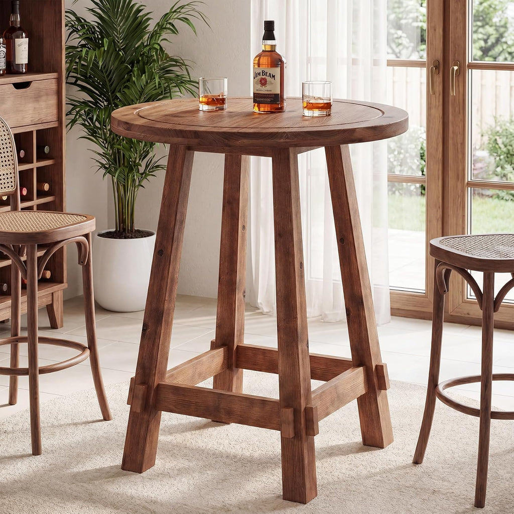 Solid Wood Bar Table, 39.4" High Round Bar Height Table, Farmhouse High Top Pub Bistro Tables, Small Space Cocktail Tables for Kitchen, Living Room, Brown (Table Only)