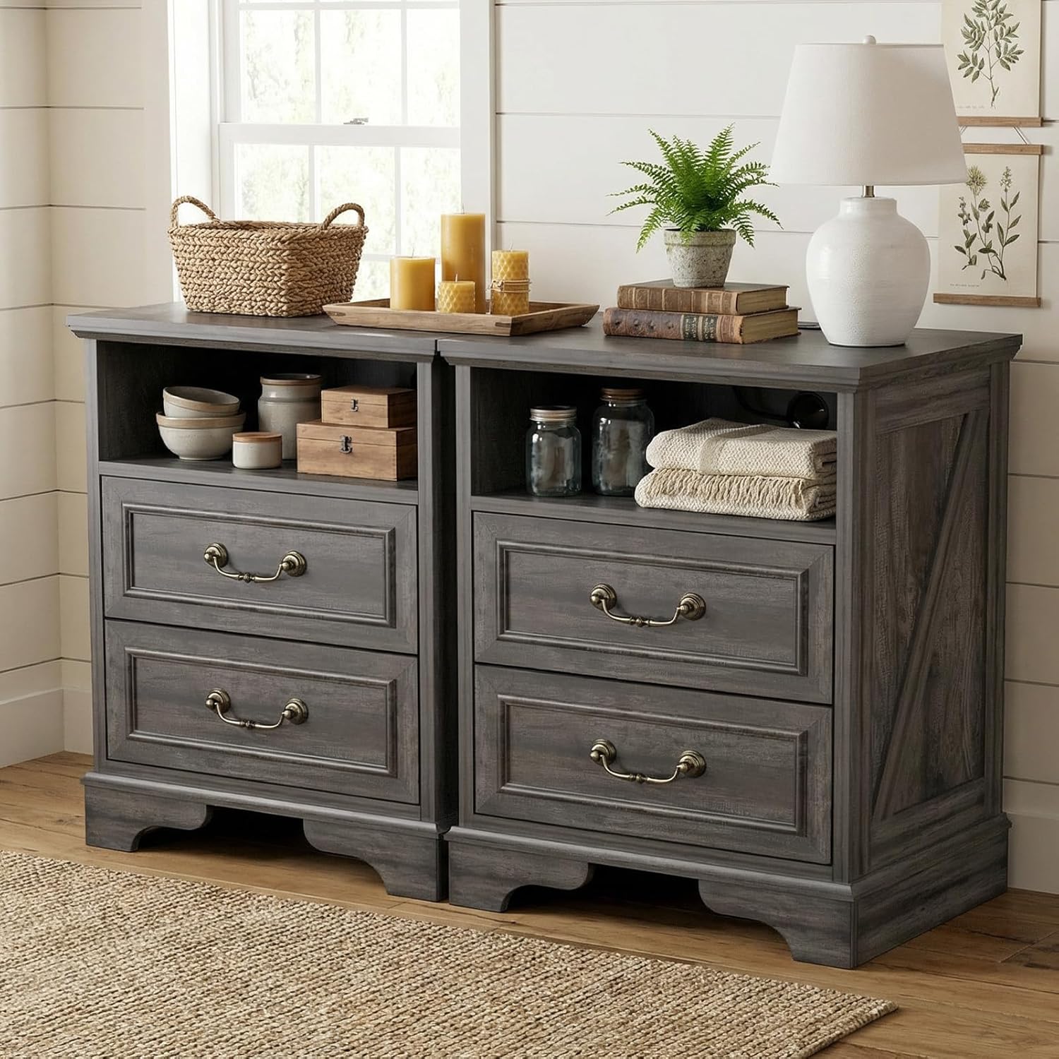 Farmhouse End Table Set of 2, Rustic Wood Nightstand with Charging Station, 2 Large Drawers & Open Storage, Bedside Table with USB-C Ports for Living Room Bedroom (Gray Oak)