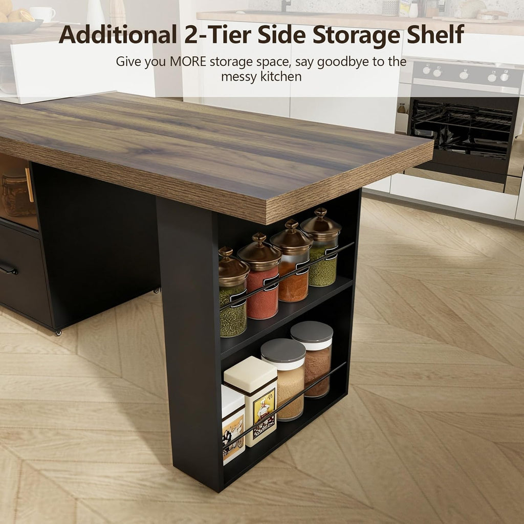 kitchen island with extendable table & 360° Swivel Tabletop, Rolling Kitchen Island Cart with Storage & Seating 4, Mobile Kitchen Island Table with Cabinet, Drawers & Shelves, Black Brown Wood