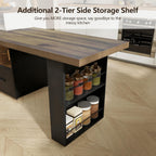 kitchen island with extendable table & 360° Swivel Tabletop, Rolling Kitchen Island Cart with Storage & Seating 4, Mobile Kitchen Island Table with Cabinet, Drawers & Shelves, Black Brown Wood