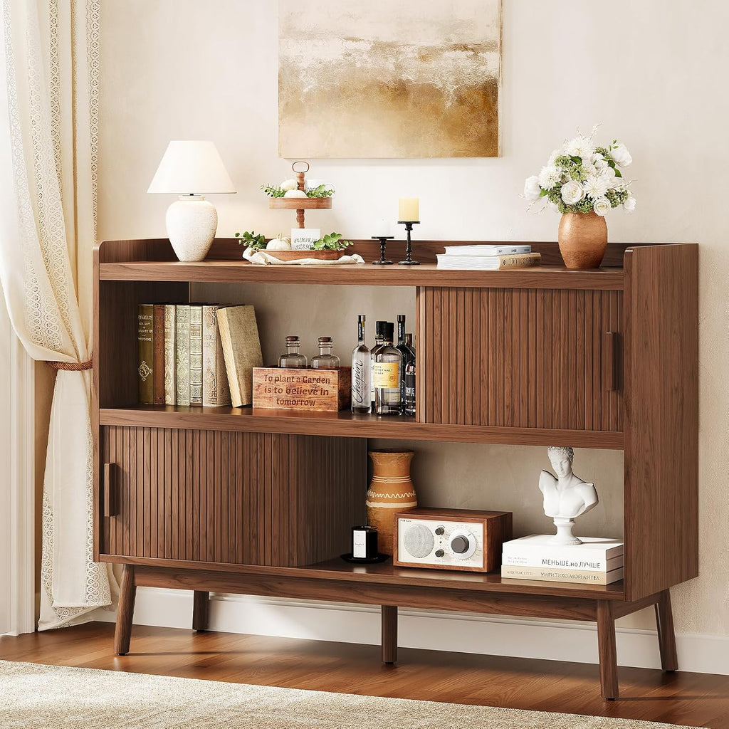 ONBRILL 51.2" Sideboard Buffet Cabinet with Outlet & 2Open Storage Spaces, Fluted Sideboard Cabinet with Sliding Door & Adjustable Shelves, Mid-Century Accent Coffee Bar Console Table with Wooden Feet