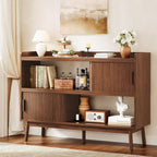 ONBRILL 51.2" Sideboard Buffet Cabinet with Outlet & 2Open Storage Spaces, Fluted Sideboard Cabinet with Sliding Door & Adjustable Shelves, Mid-Century Accent Coffee Bar Console Table with Wooden Feet